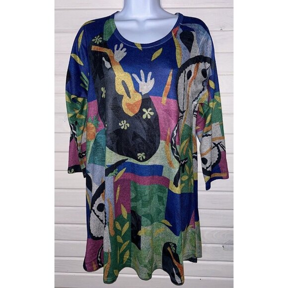 Et Lois Sz SMALL Abstract Print Soft Knit Pullover Tunic Top Pink Blue Green EUC - Picture 2 of 9